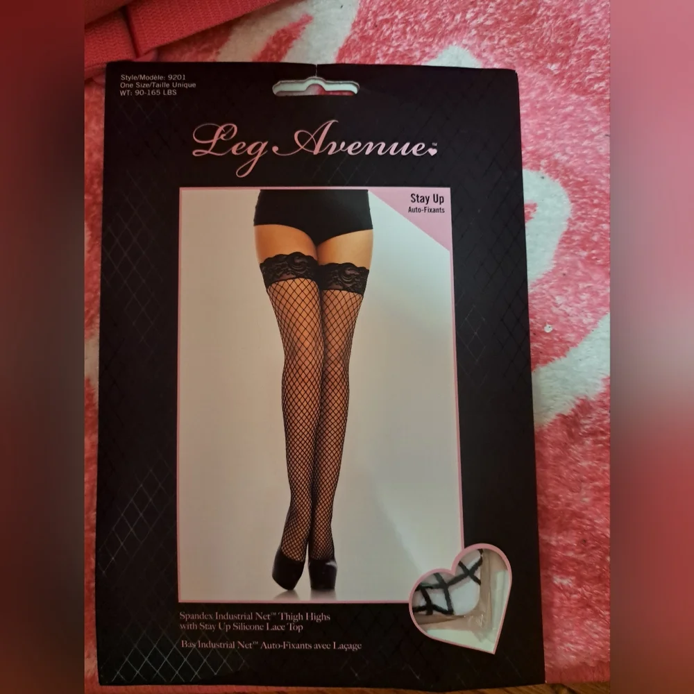 Leg Avenue Black Fishnet Stockings with Silicone Top STAY UP - Picture 2 of 2